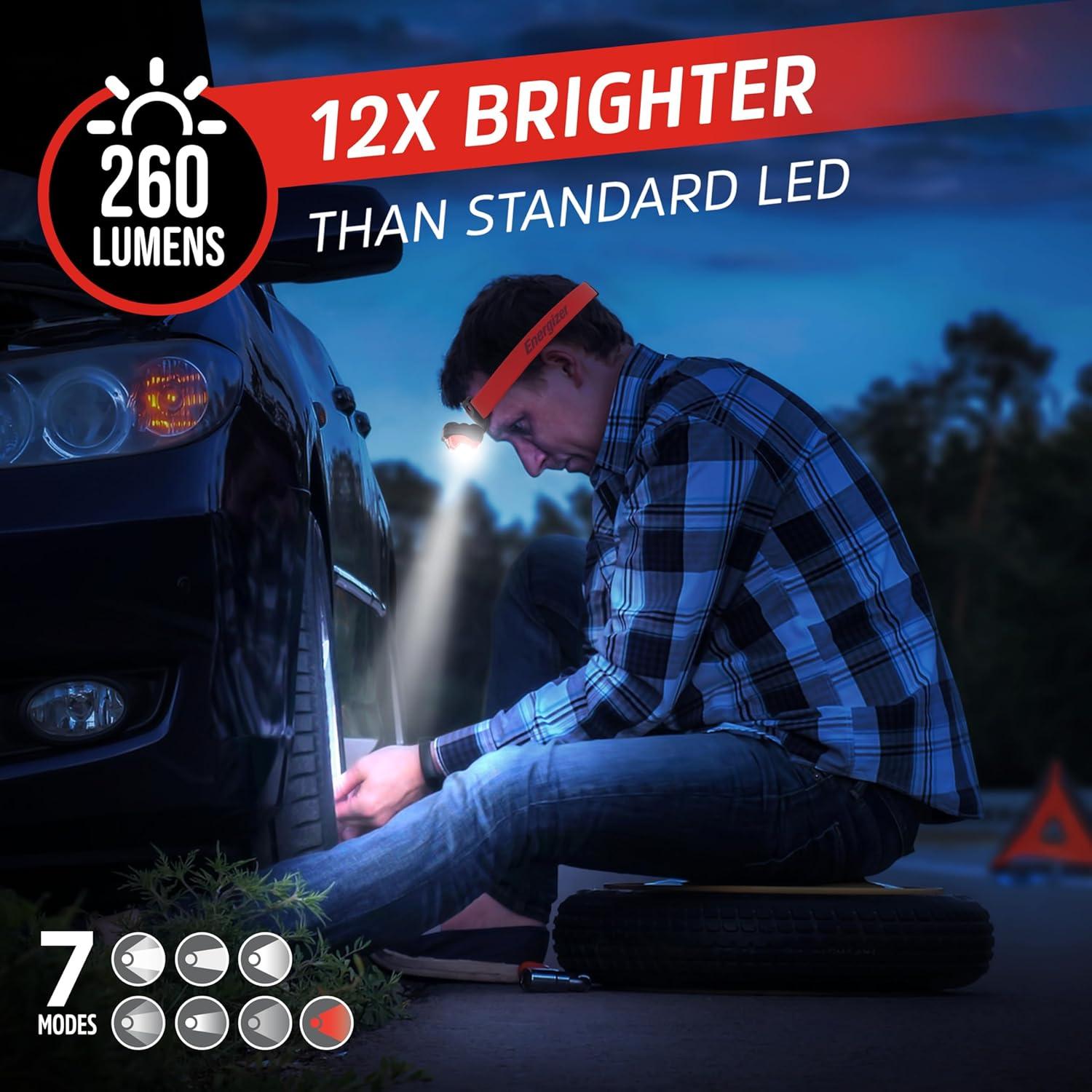 imageEnergizer LED Headlamp Pro260 Rugged IPX4 Water Resistant Head Light Ultra Bright Headlamps for Running Camping Outdoor Storm Power Outage Batteries IncludedRed