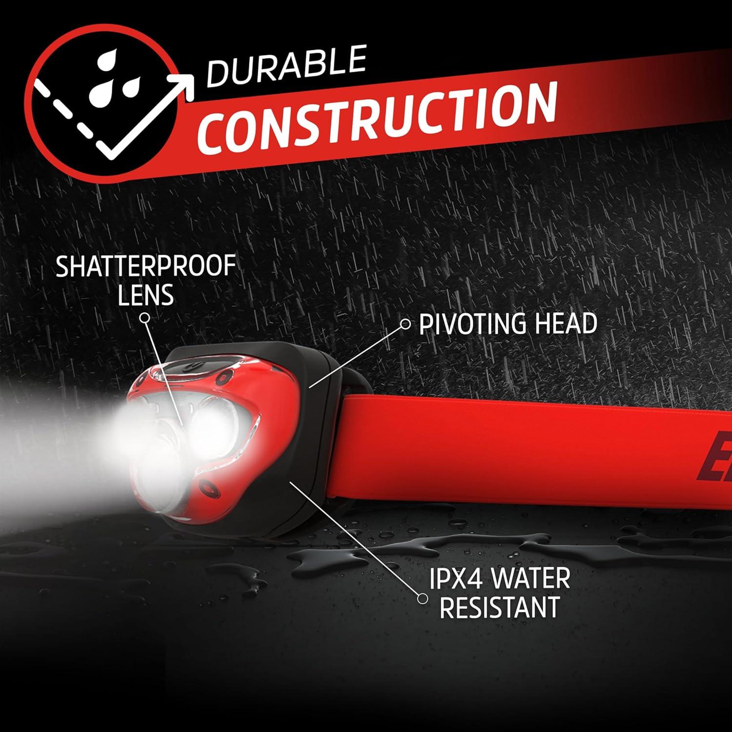 imageEnergizer LED Headlamp Pro260 Rugged IPX4 Water Resistant Head Light Ultra Bright Headlamps for Running Camping Outdoor Storm Power Outage Batteries IncludedRed