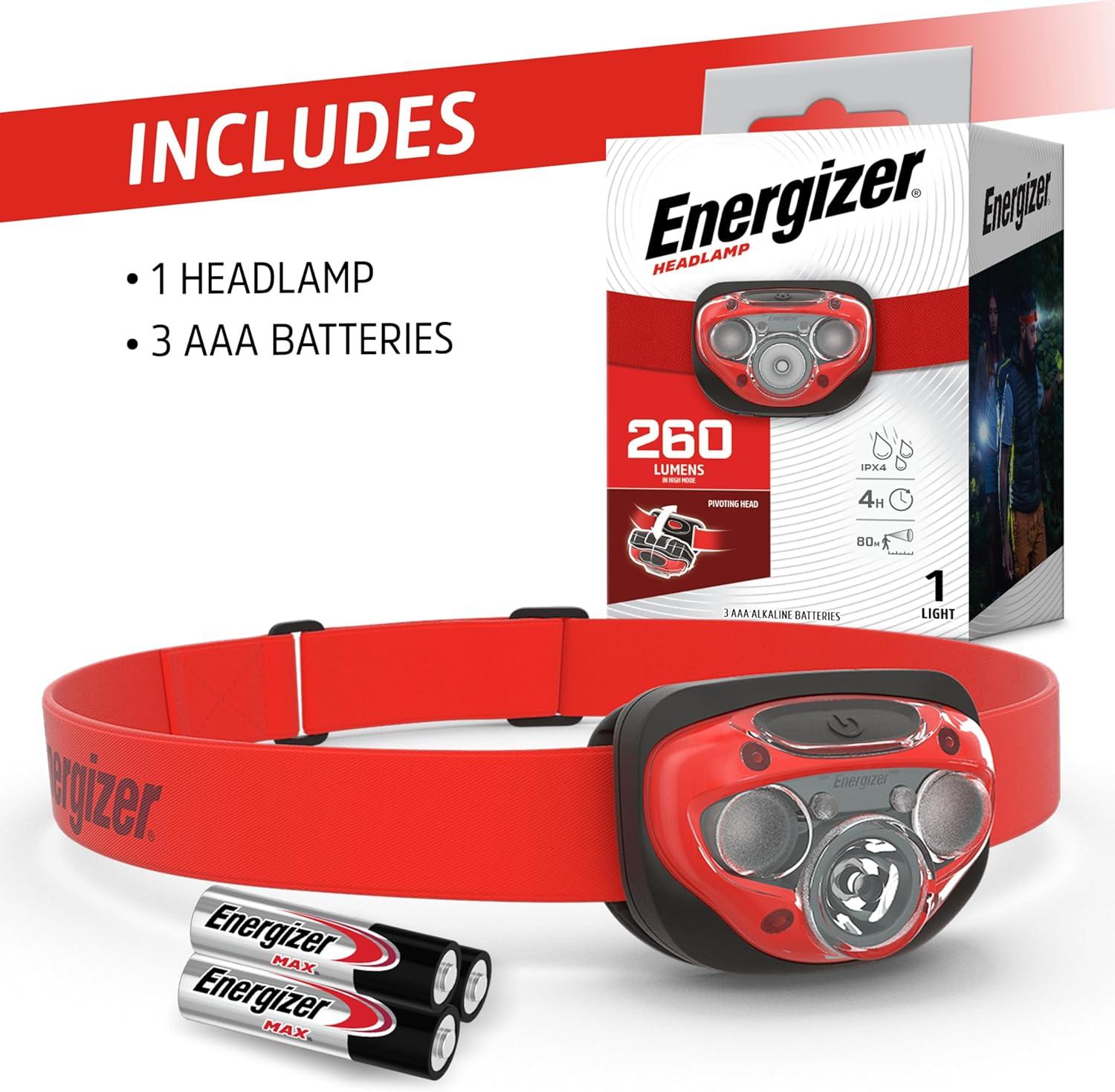 imageEnergizer LED Headlamp Pro260 Rugged IPX4 Water Resistant Head Light Ultra Bright Headlamps for Running Camping Outdoor Storm Power Outage Batteries IncludedRed